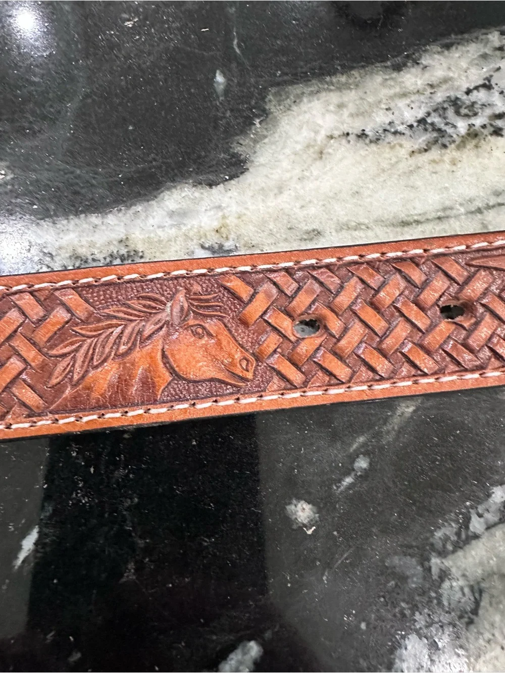 Tooled Brown Belt with Engraved Silver Buckle